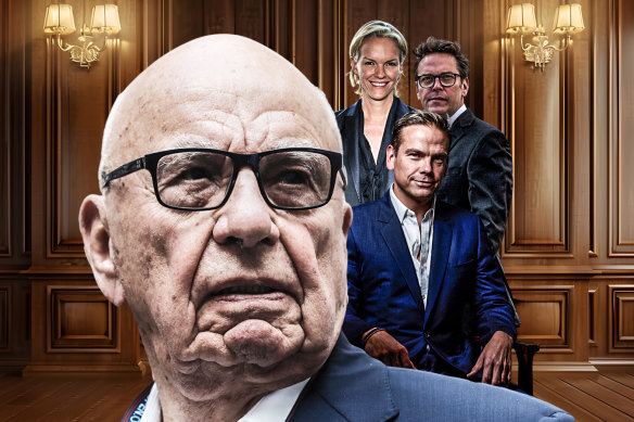 Courtroom stand-off: Rupert Murdoch and his children Elisabeth, Lachlan and James.