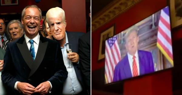 Nigel Farage and a man in a Donald Trump mask, and Donald Trump on a large TV.